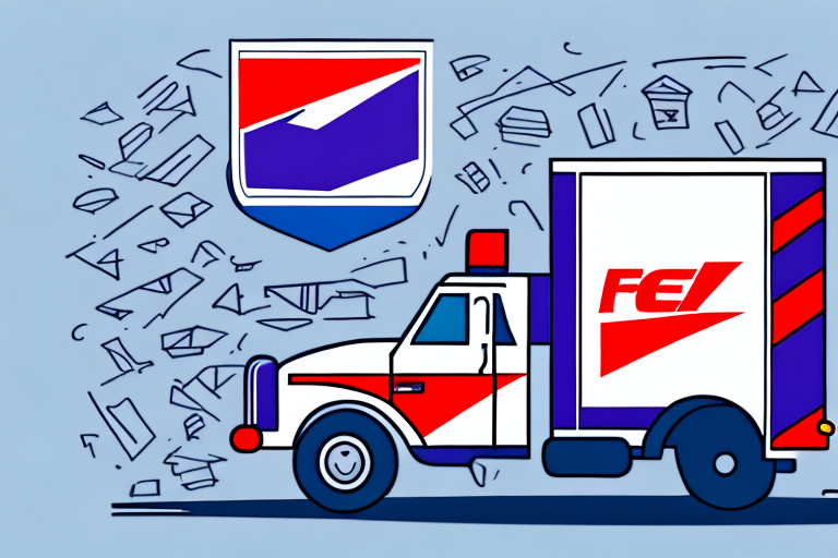 Illustration of a delivery truck with a red and blue logo, reminiscent of FedEx, driving through papers, suggesting speed and urgency. The truck is labeled with the letters FE and has a red siren on top, hinting at the efficiency of the FedEx-USPS Partnership.