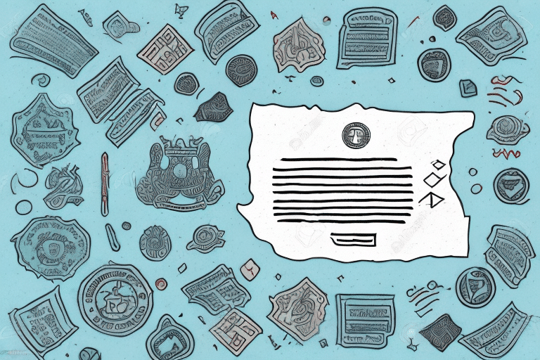 The illustrated image features a central document with lines of text on a textured blue background, surrounded by various badges, seals, and certificates in shades of grey and pink. This composition symbolizes the comprehensive review process required for authentication and accreditation.