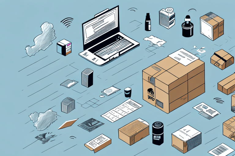 An illustration of a logistical network featuring parcels, a laptop displaying data, and various packages with shipping labels. Highlighted are movement lines and an Export Tracking Number, conveying action and connectivity. A subtle nod to the efficiency akin to UPS Worldship enhances the scene.