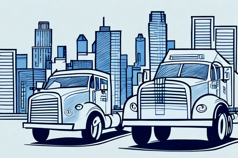 Illustration of two FedEx trucks parked in front of a city skyline. The cityscape features various tall buildings in shades of blue, creating a modern, urban backdrop. The trucks are drawn in a stylized, cartoon-like manner, ready for their Saturday delivery duties.