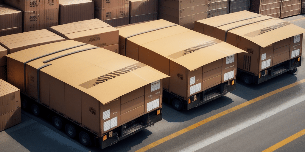 Three brown cargo trucks, integral to any cost center, are parked side by side in a row amidst stacks of shipping containers. On a paved surface with yellow lines, the scene echoes the hustle of a busy logistics hub, reminiscent of an efficient UPS Worldship environment.