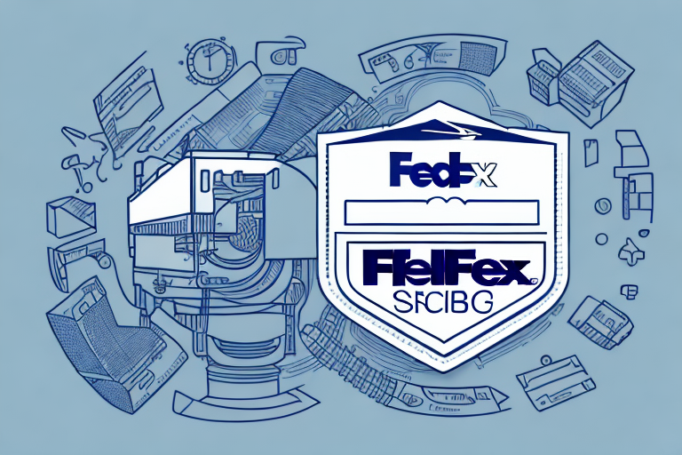 A stylized illustration of a futuristic delivery service logo featuring FedEx and FlelFex SFCIBG on a shield. Surrounded by tech and shipping icons like computers, clocks, and parcels, it embodies the efficiency of FedEx Ship Manager. The background is light blue, evoking innovation.