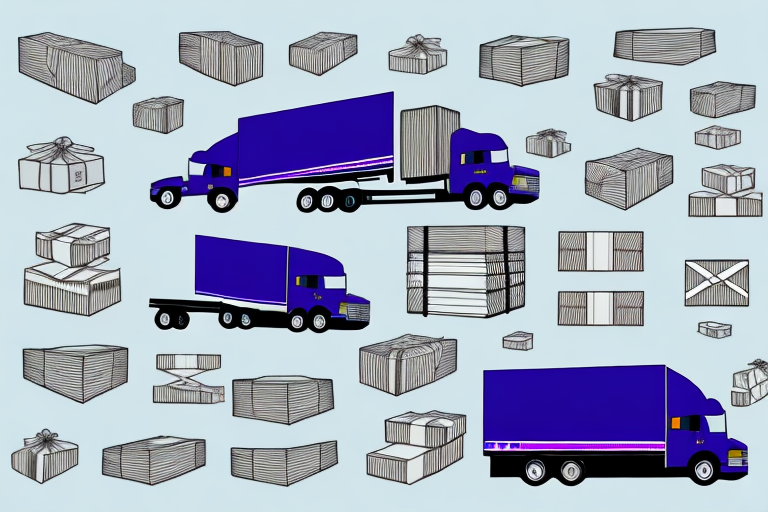 Illustration of three blue semi-trucks surrounded by packages in shades of gray, symbolizing a FedEx Day. The trucks, positioned creatively against a light blue backdrop, represent innovation and productivity in logistics.