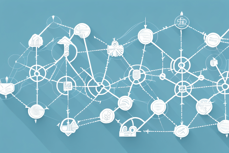An abstract network diagram on a blue background illustrates interconnected nodes and lines with various technology-related icons, representing concepts like communication, data exchange, and operational excellence in the modern supply chain.