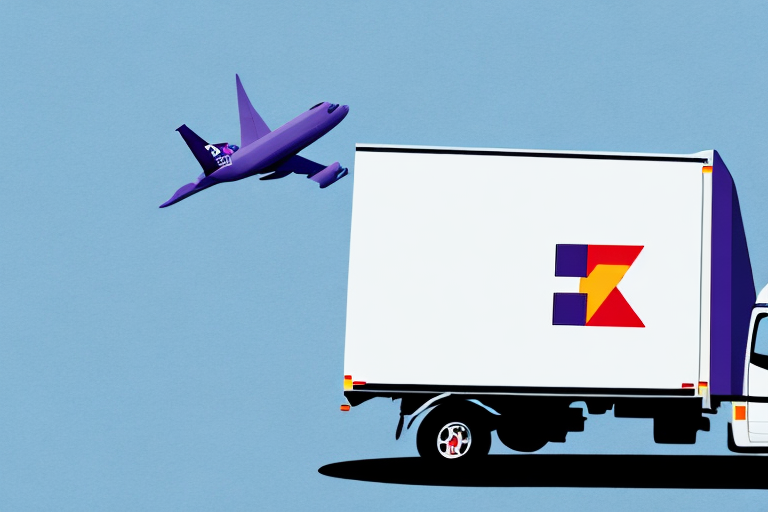 A FedEx Express delivery truck with a stylized logo on its side is parked, while a purple airplane flies overhead against a blue sky. The aircraft proudly showcases the same iconic FedEx Express logo on its tail.