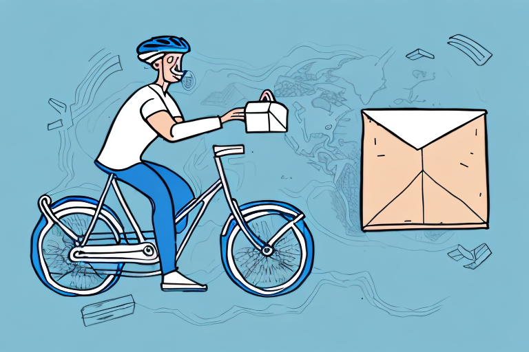 Illustration of a bearded courier cycling while holding a small box, wearing a helmet and casual clothes. Floating behind is a large envelope, symbolizing efficient courier services. The background is blue with abstract world map outlines and scattered paper pieces.