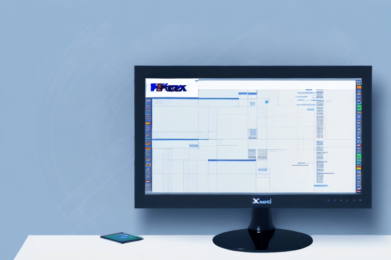 A desktop computer monitor displaying FedEx Ship Manager with a complex grid and sidebar. The interface, in blue and white, highlights various sections. On the white desk below, a smartphone is positioned nearby for troubleshooting or downloading updates.