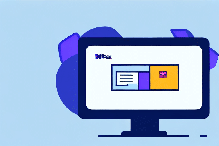 A stylized illustration of a desktop monitor displaying a website layout. The screen shows a logo and colorful interface, resembling the FedEx Ship Manager, with sections in blue and orange. Abstract shapes in blue and purple form the background.