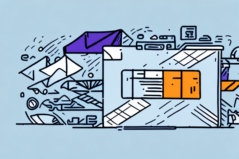 Abstract illustration featuring a fragmented folder with geometric shapes and symbols. The folder is divided into sections like an applied FedEx Ship Manager interface, showcasing prominent orange and purple areas, set against a light blue background with scattered lines and patterns.