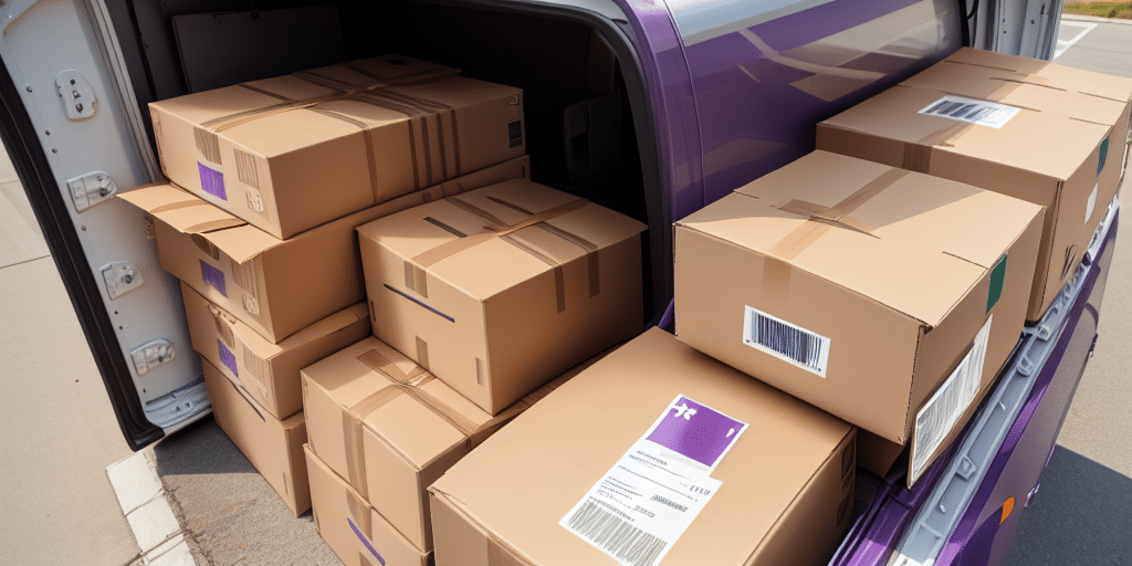 A delivery truck with its side door open reveals stacks of cardboard boxes, each secured with tape and labeled for distribution using FedEx Ship Manager. Ready to be dispatched, the truck is parked on a sunny street.