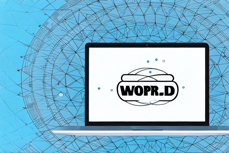 A laptop displaying the logo WOPR.D on its screen amid a geometric pattern of interconnected lines on a light blue backdrop, evokes the precision of troubleshooting in Windows 10.