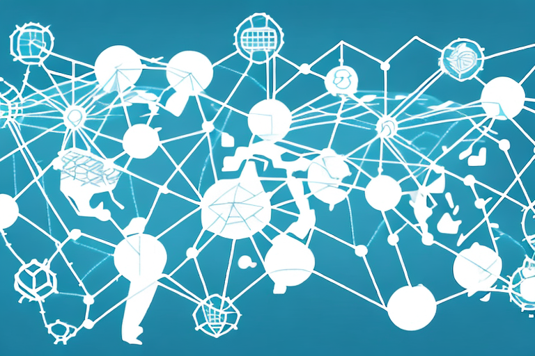 A network diagram with interconnected abstract shapes and icons on a blue background, representing global digital communication. Lines and nodes form a web-like structure symbolizing connectivity, technology, and the impact of effective supply chain management.