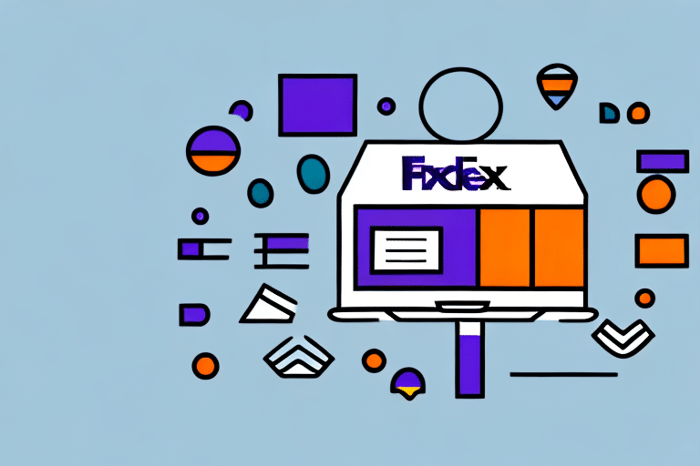 An abstract illustration showcases geometric shapes in a spectrum of colors. At its heart, a large computer screen prominently displays FedEx in blue and orange, with FedEx Ship Manager subtly integrated. The light blue backdrop features circles, squares, and rectangles framing the central theme.