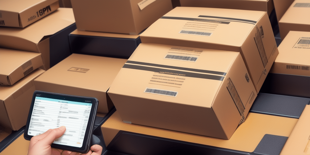 A person holding a tablet checks inventory among numerous stacked cardboard boxes in a warehouse, seamlessly integrating UPS Worldship for efficient management. The boxes are labeled with barcodes and text, emphasizing logistics and stock oversight.
