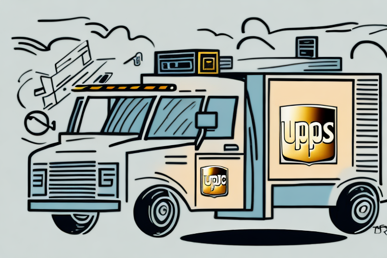 Illustration of a stylized delivery truck with a logo resembling Upps. The truck, akin to UPS SurePost, is cartoonish with exaggerated features and dynamic lines, suggesting swift delivery attempts. The background includes abstract shapes and clouds, enhancing the impression of speed.