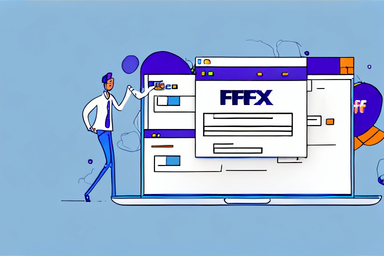 Illustration of a person standing next to a large laptop screen displaying a web interface with the title FFFX. The background is light blue with abstract shapes. The person, dressed in casual business attire, appears to be importing an Import Template using a CSV file.