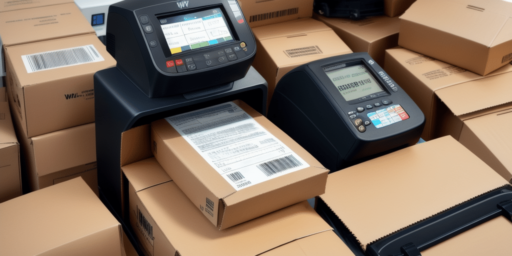 Amidst a sea of stacked cardboard boxes, two label printers work diligently. Their screens flash with print settings, as DYMO Label Maker seamlessly blends into the packing and shipping environment. Printed labels adorn the boxes, hinting at precision and efficiency in action.