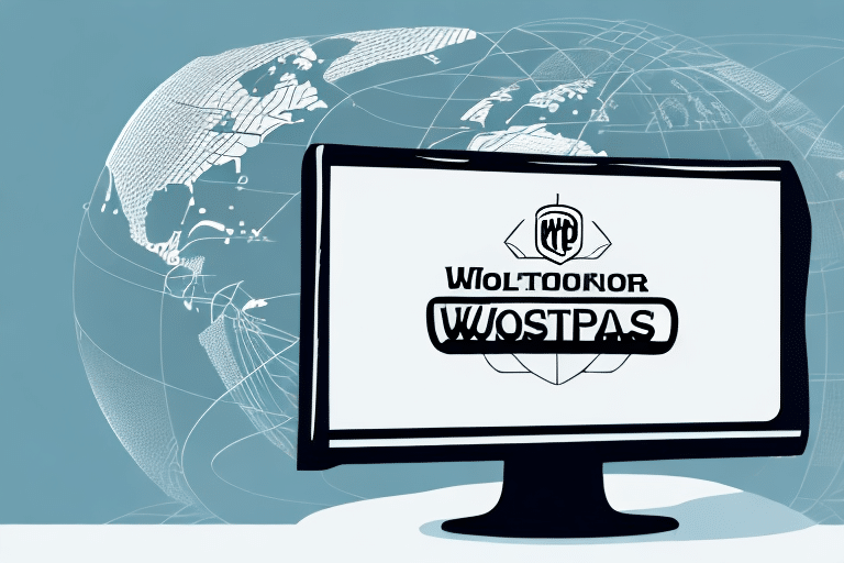 A computer monitor displays the text Woltookior Wostpas against a stylized globe background, evoking a global digital theme reminiscent of UPS Worldship, where shipment labels are easily printed.