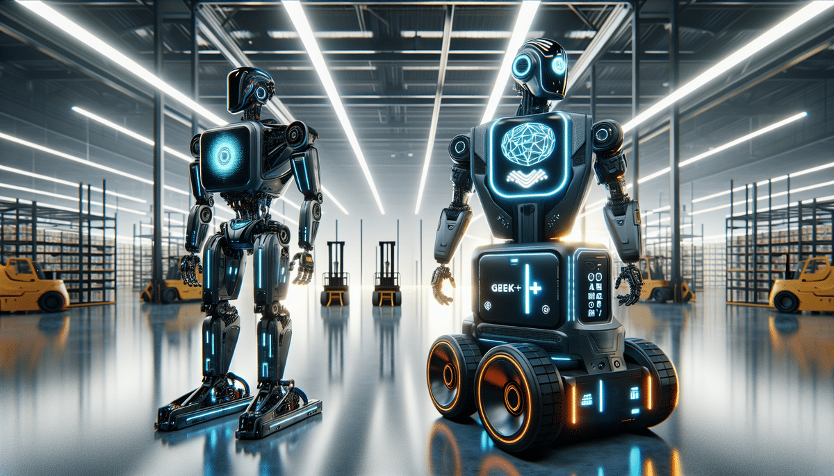 Two futuristic robots with illuminated screens stand in a sleek, modern warehouse aisle. Forklifts are visible in the background, highlighting the high-tech, industrial setting. Branded with GreyOrange designs, the robots showcase various digital symbols and designs.