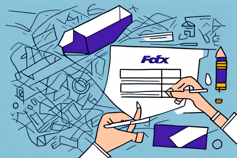 Illustration of hands using FedEx Ship Manager to fill out a form labeled FedEx on a cluttered desk. A large eraser and pencil lie nearby, ready for any adjustments. The background is filled with abstract shapes and lines.
