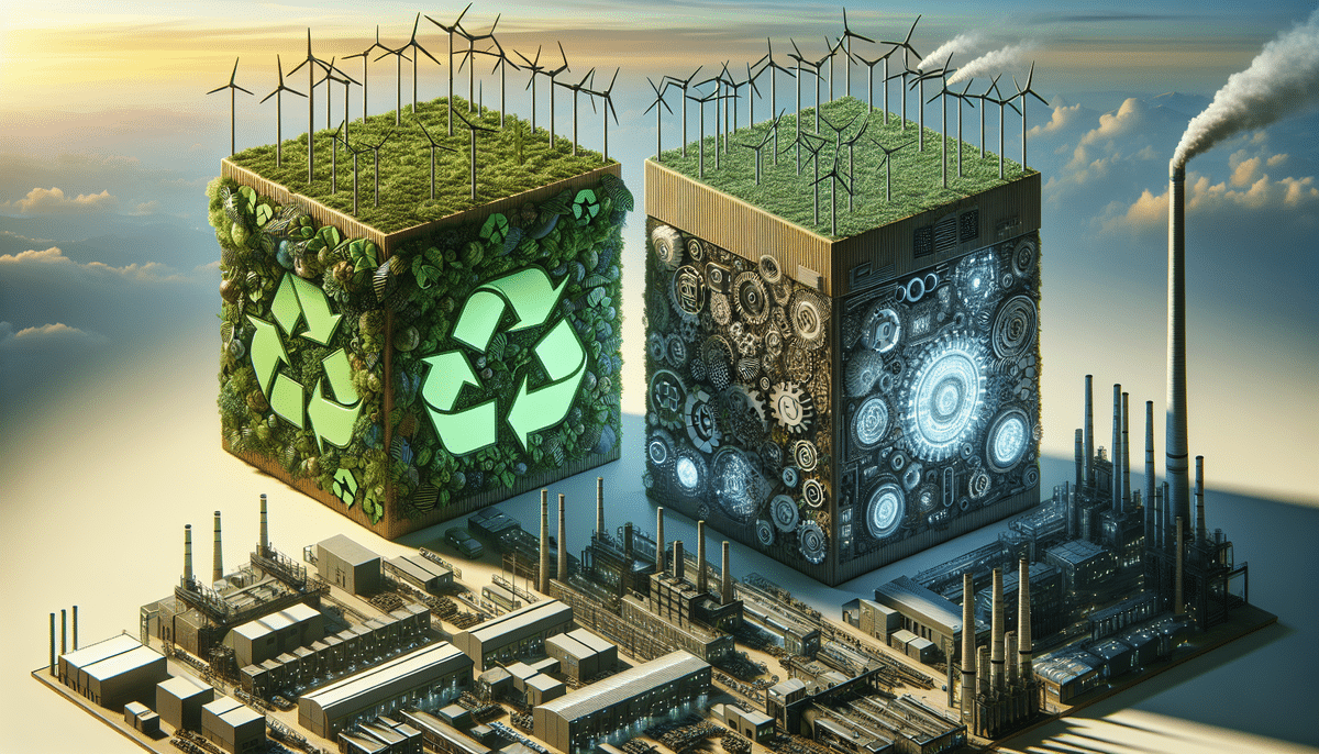 A digital artwork of two giant cubes in a landscape serves as a striking comparison. One cube, reminiscent of WestRocks eco-friendly initiatives, is covered with green plants, solar panels, and wind turbines. The other, symbolizing industrial might like Pratt Industries, features gears above an industrial complex emitting smoke.