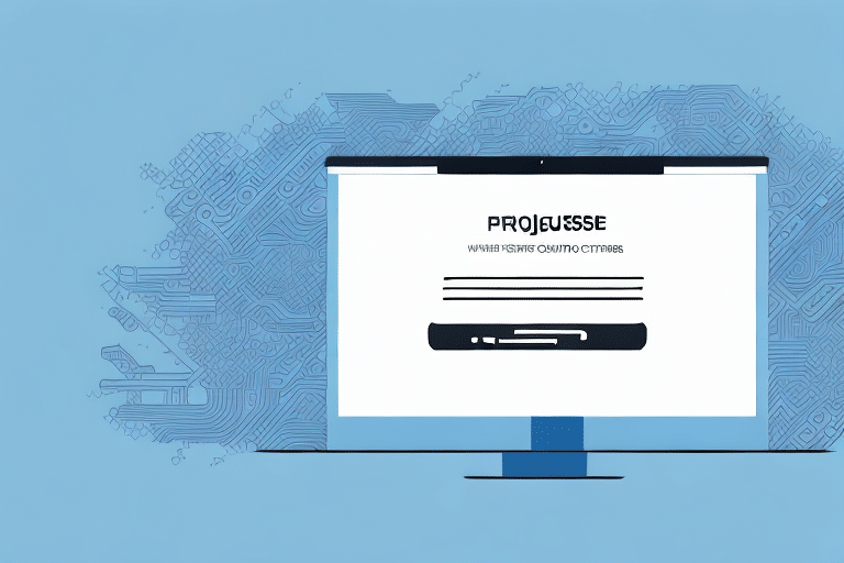A computer screen displays a website with the word PROJESSE and some illegible text, alongside a circuit pattern hinting at a technology theme. Set against a blue backdrop, it suggests UPS WorldShip troubleshooting for failed downloads.