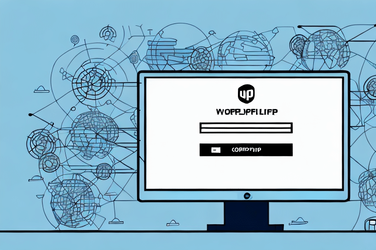 A computer monitor displays a login screen with a password entry field and a button, set against a blue backdrop. The background features abstract, interconnected gears reminiscent of Shipgear integration, suggesting themes of technology and connection.