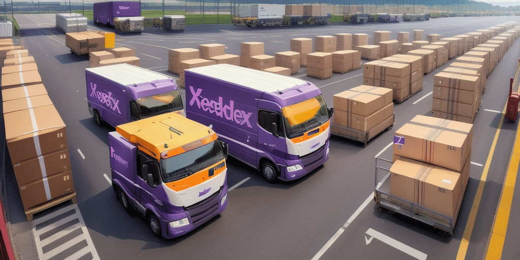 A bustling distribution center features three purple and orange delivery trucks, likely managed by FedEx Ship Managers current version, parked among stacks of cardboard boxes. A variety of trucks and containers fill the background.
