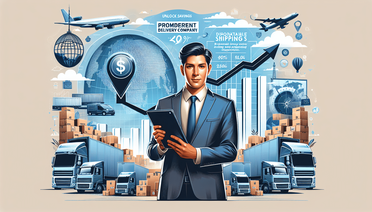 Illustration of a businessman with a tablet, surrounded by delivery trucks, planes, and shipping symbols. Showcases graphs and data related to UPS shipping logistics and cost savings for Amazon sellers. The background features a globe, coins, and delivery boxes.