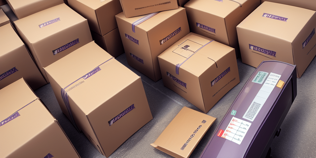 A group of cardboard boxes, sealed with purple tape and branded labels, are neatly stacked across the carpeted floor. In the foreground, a boxed electronic device with digital dials and switches awaits its journey. Nearby, a screen shows FedEx Ship Manager ready to streamline the shipping process.