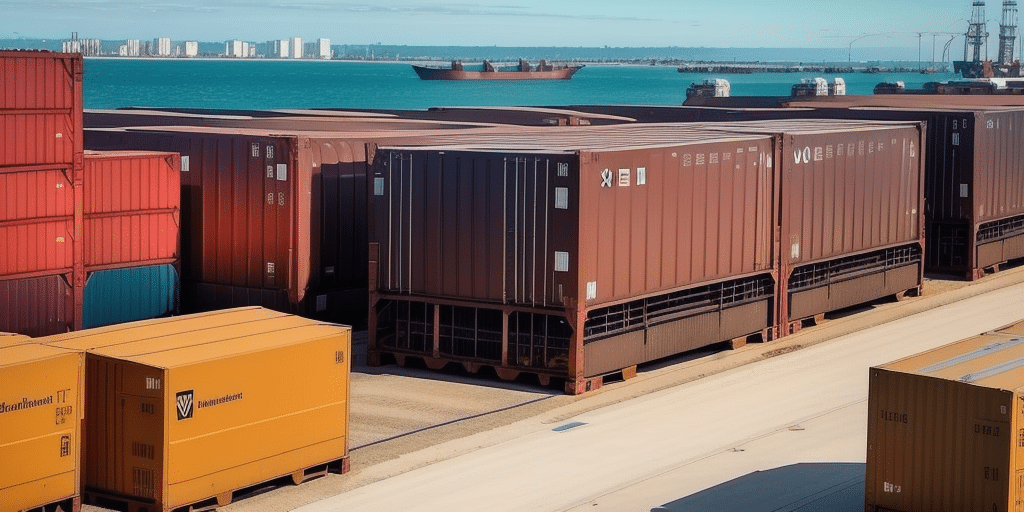 Industrial shipping containers stacked at a port next to the sea reveal a meticulously organized area. In the background, a cargo ship sails on the water, with a city skyline visible. Cranes can be seen on the right, echoing the precision of an Excel file layout in this busy shipping and logistics hub.