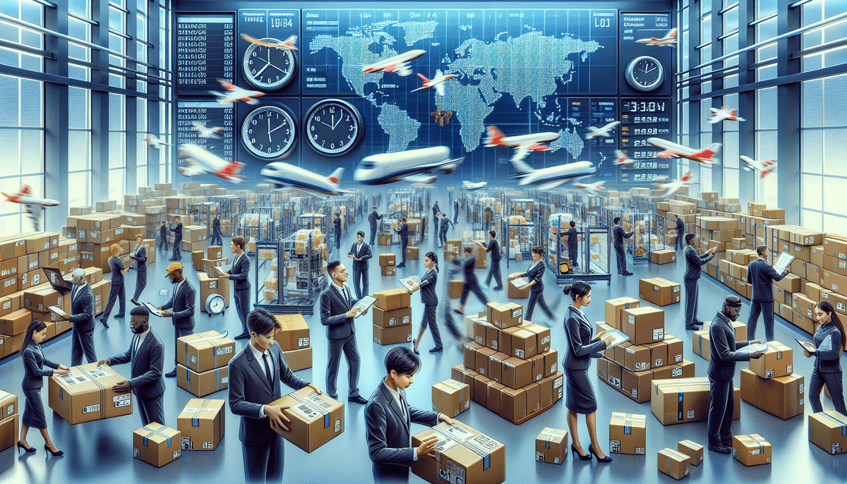 A bustling warehouse hums with activity as people sort packages for UPS Worldwide Express Freight Midday. A digital screen displays world maps, flight paths, and clocks. Overhead, planes symbolize the swift delivery service ensuring goods are delivered quickly across the globe.