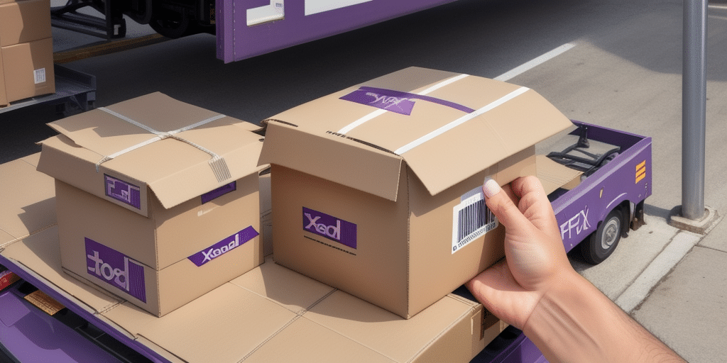 A close-up image captures a hand holding a brown cardboard box with a barcode, ready for FedEx shipping. Two more boxes rest on the purple delivery vehicle, with another truck in the background, efficiently managed using Ship Manager.