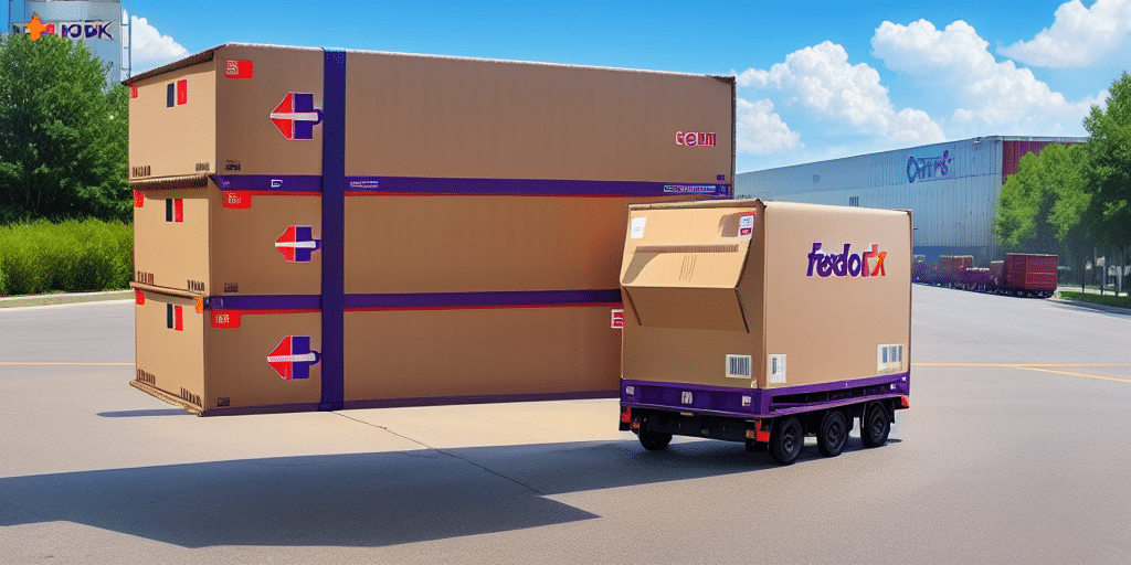 A miniature FedEx truck, reminiscent of the FedEx Ship Managers efficiency, carries a large parcel on its flatbed. Parked by oversized parcels sharing the same design, it sits against a backdrop of a vast warehouse and trees under the blue sky.