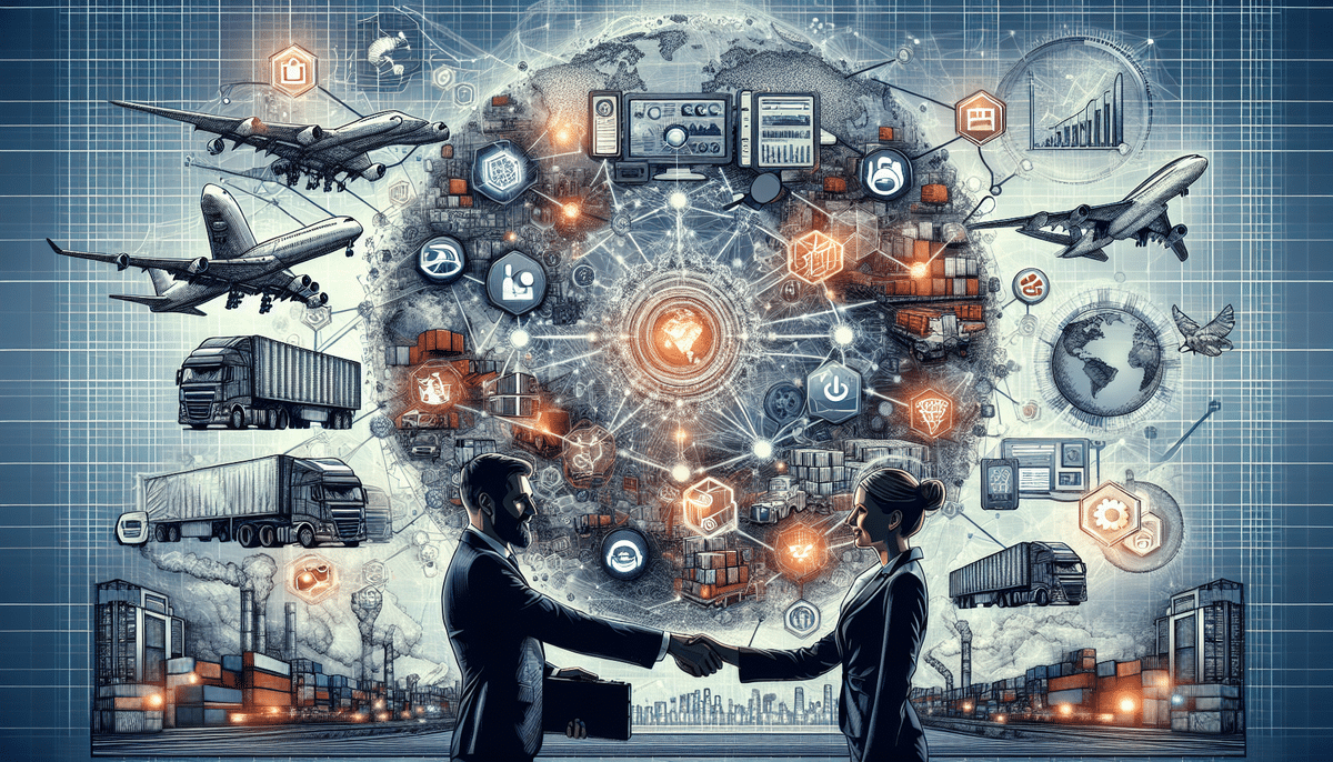 A man and woman in business attire shake hands in the foreground, symbolizing a Services Agreement. Behind them, a digital globe with logistics icons like trucks, planes, and ships illustrates global trade connectivity. Skyscrapers outline the city skyline below.