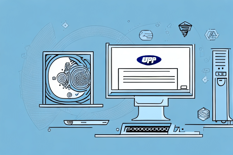 Illustration of a computer setup on a blue background, featuring a monitor with the UPP logo, a hard drive, and a tower. The design, reminiscent of a database server location, includes abstract tech elements like digital patterns and circuit motifs.