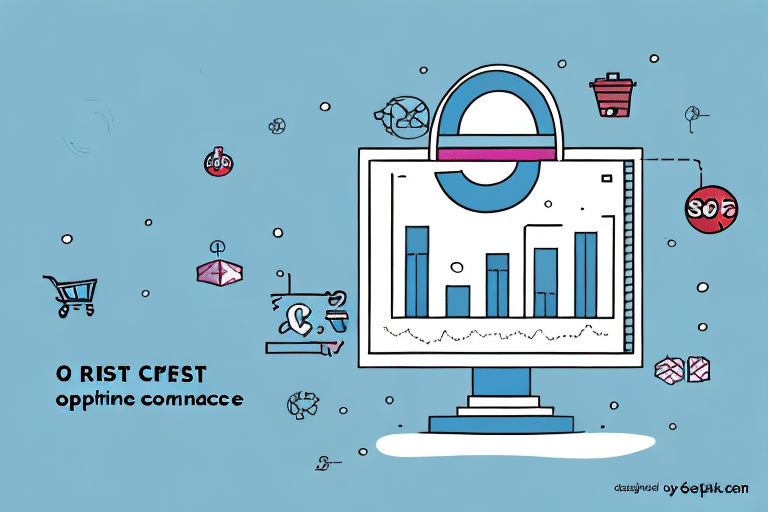 Illustration of a computer monitor displaying a bar chart. The background features shopping elements like a cart, gift box, and sale tags, hinting at e-commerce operations. Random letters and symbols are scattered around, suggesting online sales analytics or tracking the percentage of sales.