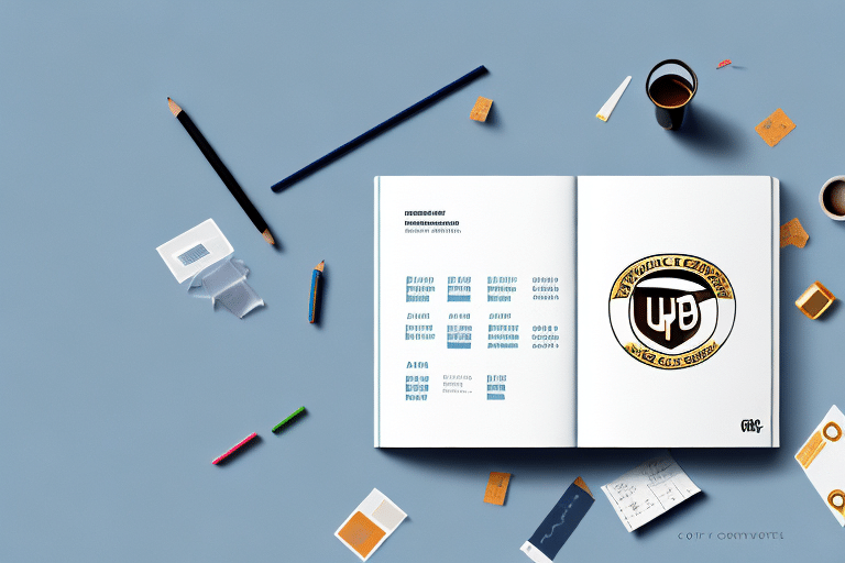 An open address book rests on a blue table with a coffee cup, eraser, pencil, pen, colored pencils, and paper scraps around it. The book displays a graphic design with text and a round emblem featuring various patterns and symbols.