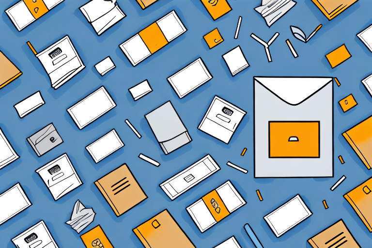 An illustration showcases a variety of scattered paper items, including envelopes, booklets, and folded documents on a blue background. Some items have orange accents, contributing to a pattern-like arrangement reminiscent of archived shipments from 2018.