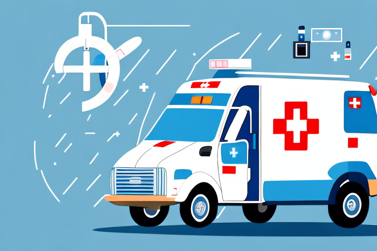 Illustration of an ambulance with an open door, showcasing a red cross on its side. Set against a light blue background, medical symbols and abstract shapes highlight its role as an effective medical courier service, underscoring emergency healthcare.