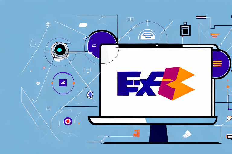 A computer monitor displaying the FedEx logo and FedEx Ship Manager, set against a light blue background with abstract digital elements symbolizing a strong Internet connection.