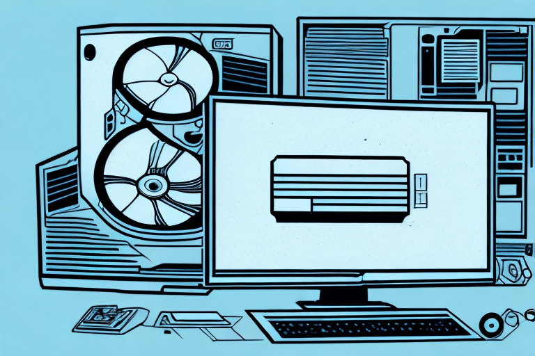 Illustration of a desktop computer setup featuring a large monitor displaying a retro gaming console graphic. Surrounding are computer towers with cooling fans, a keyboard, mouse, and network components, all set against a blue background. Also included is the UPS Worldship interface for seamless shipping software integration.