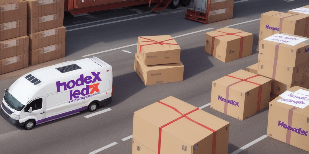 A delivery van with HODLEX branding cruises down the highway, surrounded by large cardboard boxes. The scattered boxes cover adjacent lanes, while tall stacks line the roadside like a makeshift FedEx Ship Manager display. In the background, a red truck navigates through this shipping tableau.