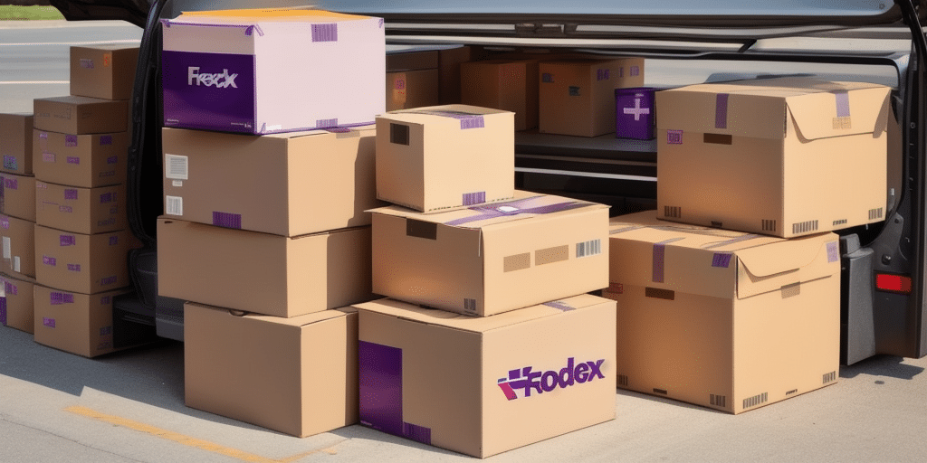 A van with its back open displays several stacked cardboard boxes labeled FedEx. Utilizing FedEx Ship Manager, the varied-sized boxes are neatly organized on the pavement beside the vehicle, ready for delivery.