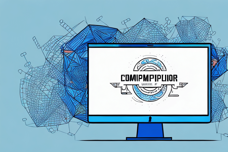 A computer screen displays a stylized logo with abstract geometric shapes and lines in the background. The design, reminiscent of UPS Worldships interface, features a circular emblem and modern typography on a blue and white color scheme.