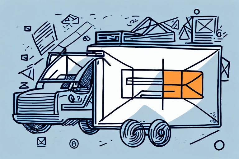Illustration of a truck designed to resemble an envelope, evoking the reliability of FedEx Ship Manager. Surrounded by icons like letters and geometric shapes, it captures delivery and communication concepts. The color scheme is blue, white, and orange.