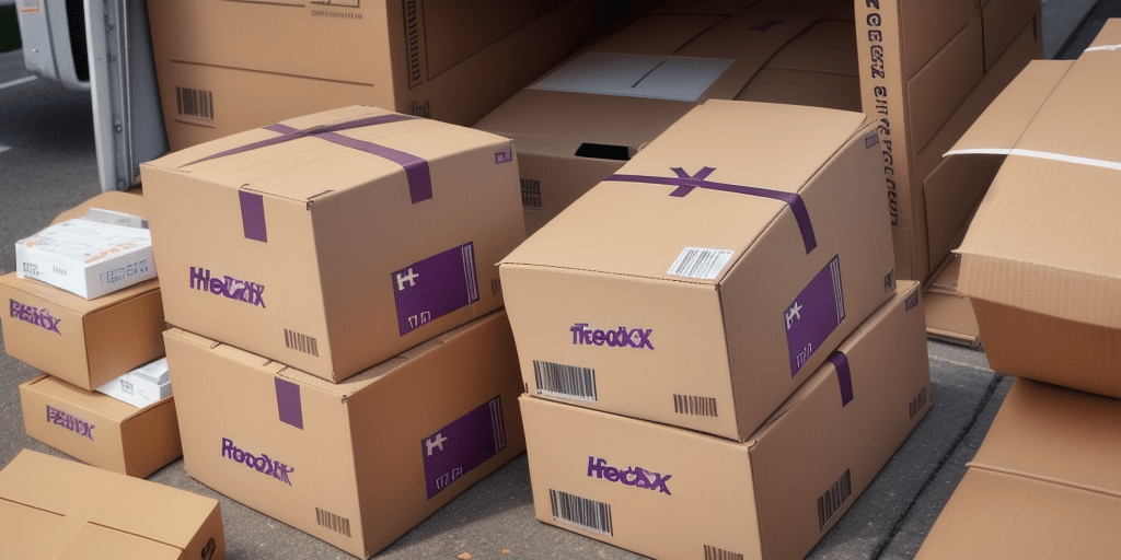 A stack of FedEx cardboard boxes with purple tape is being loaded into a vehicle, ready for shipping. The boxes vary in size and are arranged both on the ground and inside the vehicles back. Using FedEx Ship Manager ensures a seamless process, even if you need to ship on Saturday.