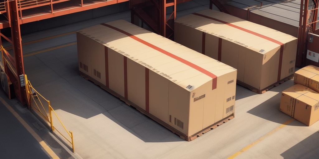 Outdoor scene of two large cardboard shipping containers with red handling straps, positioned on pallets in a sunlit industrial area. Yellow safety railings and shadow streaks highlight the orderly environment, perfect for efficiently managing shipments with UPS WorldShips negotiated rates.