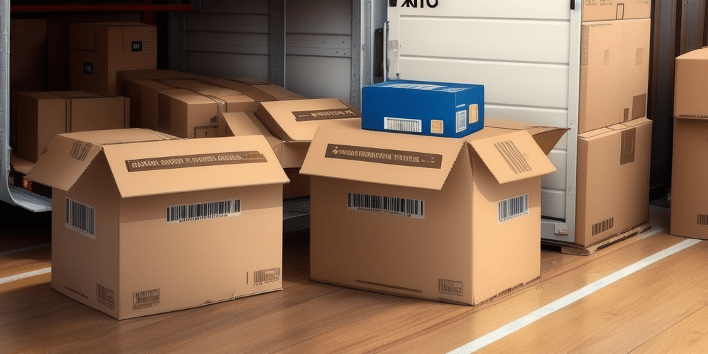 A variety of cardboard boxes, some open and others closed, are arranged on a wooden floor. Several boxes are inside a truck, while others are beside it, including one blue box. This scene hints at a moving process made smoother by utilizing UPS WorldShip for efficient delivery coordination.