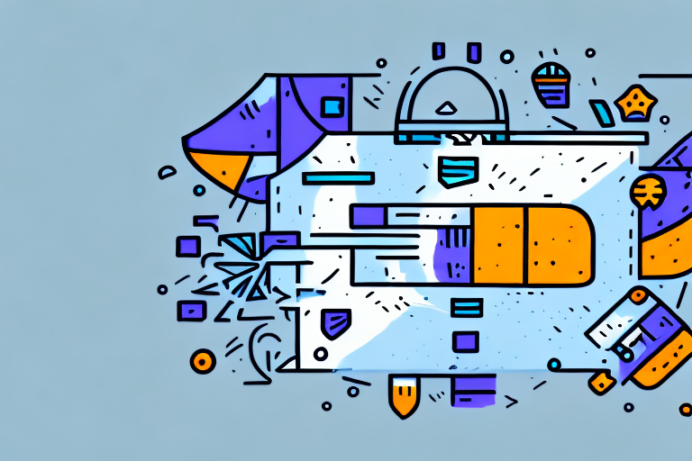 A colorful abstract illustration featuring geometric shapes such as rectangles, triangles, and circles in blue, orange, and purple hues against a light blue background. The dynamic design echoes how you can maximize benefits with FedEx Rewards through scattered and overlapping rewards points.
